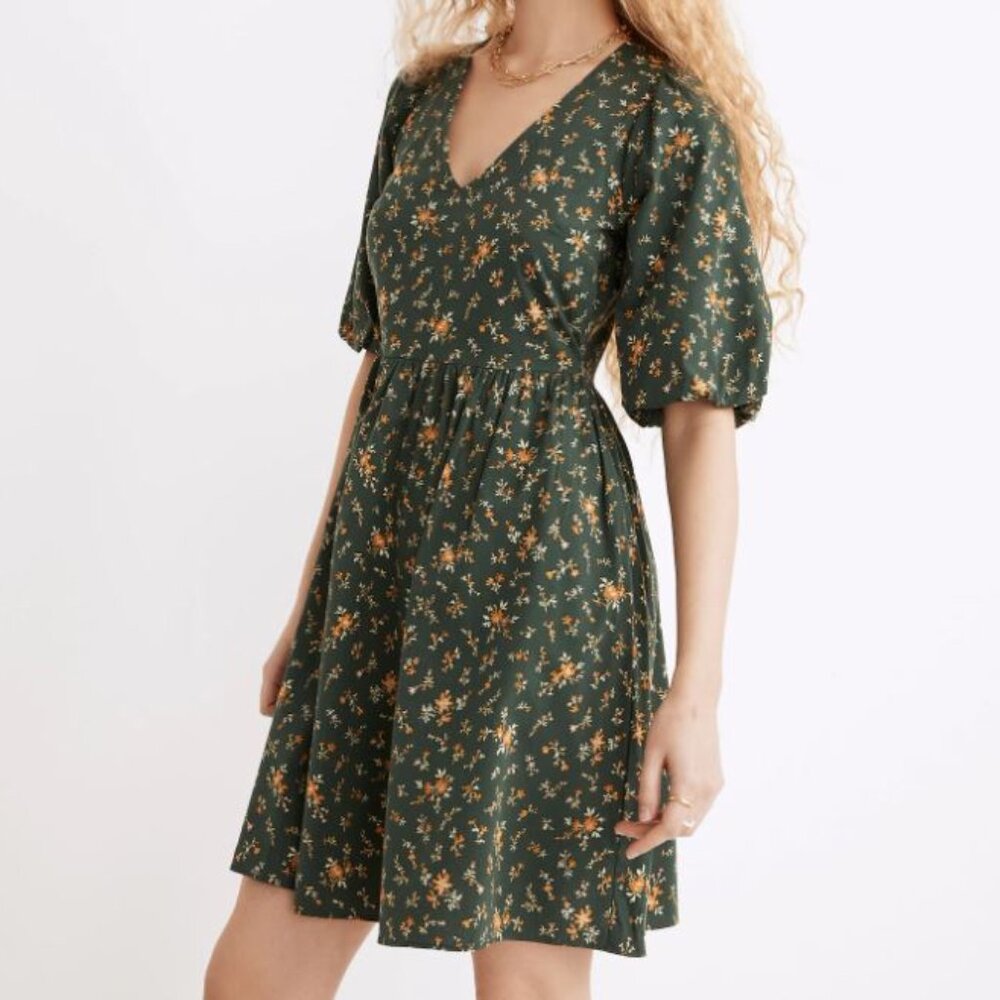 Madewell Poplin V-Neck Bubble-Sleeve Mini Dress in Fresh Sprigs